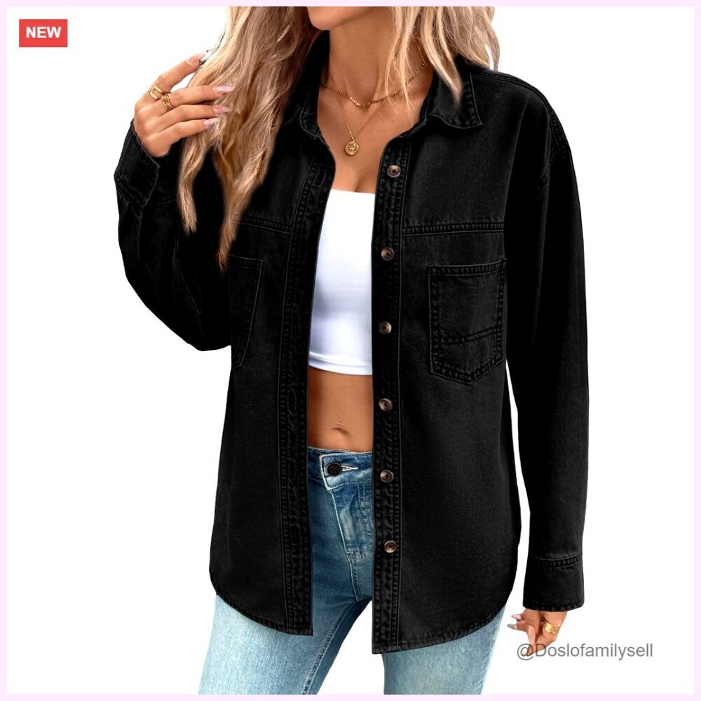 Oversized Denim Button Down Shirt Long Sleeve Casual Blouse Women's Top